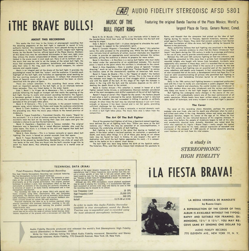 Banda Taurina ¡The Brave Bulls! Music Of The Bull Fight Ring US vinyl LP album (LP record)