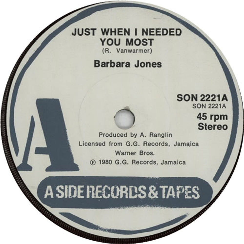 Barbara Jones Just When I Needed You Most UK 7" vinyl single (7 inch record / 45) SON2221