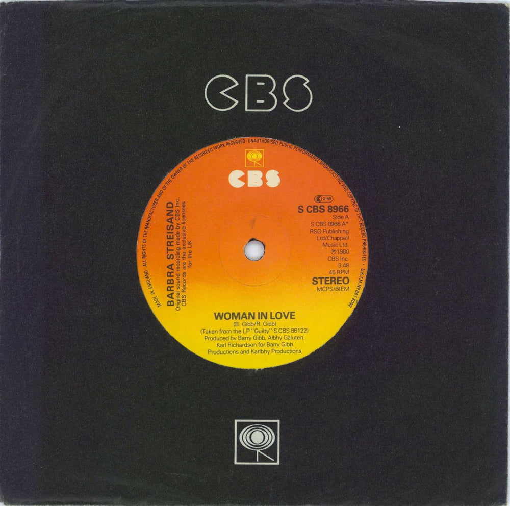 Barbra Streisand Woman In Love - Solid Irish 7" vinyl single (7 inch record / 45) SCBS8966