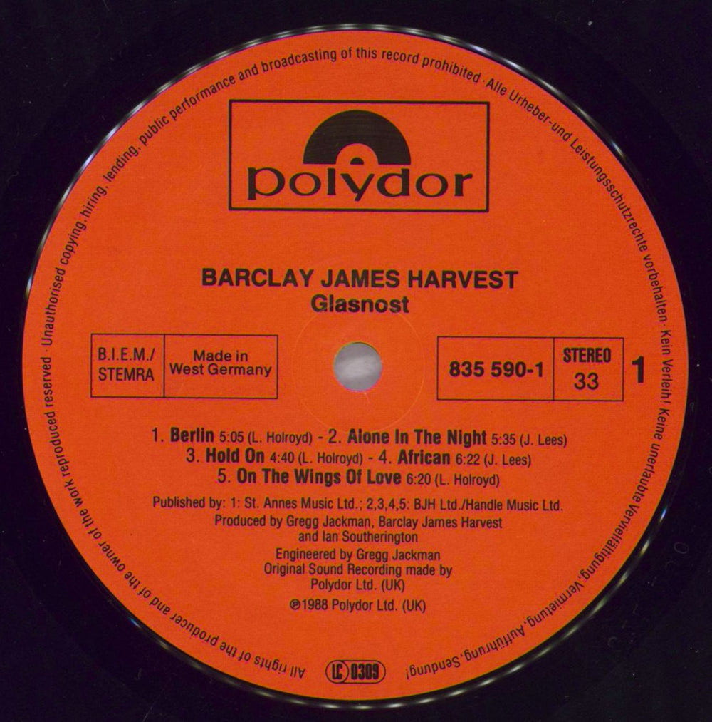 Barclay James Harvest Glasnost German vinyl LP album (LP record) BJHLPGL823519