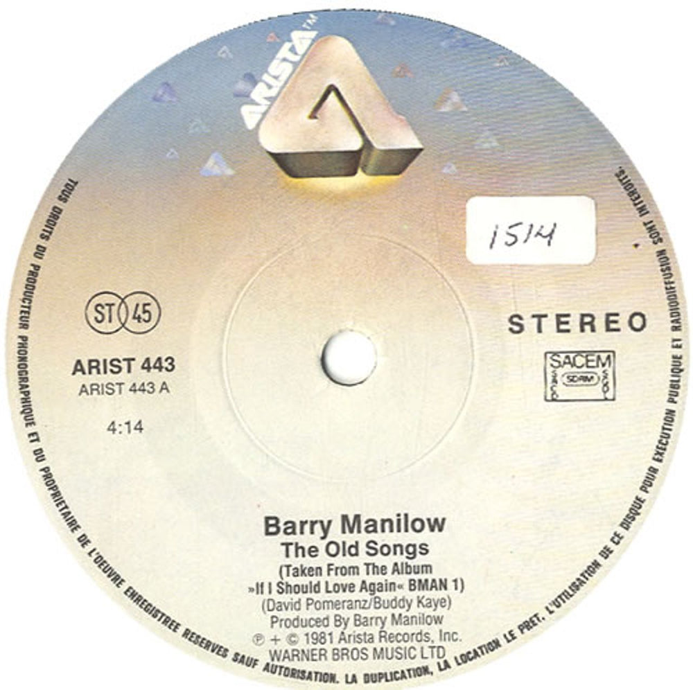 Barry Manilow The Old Songs - Solid French 7" vinyl single (7 inch record / 45) MNL07TH87448