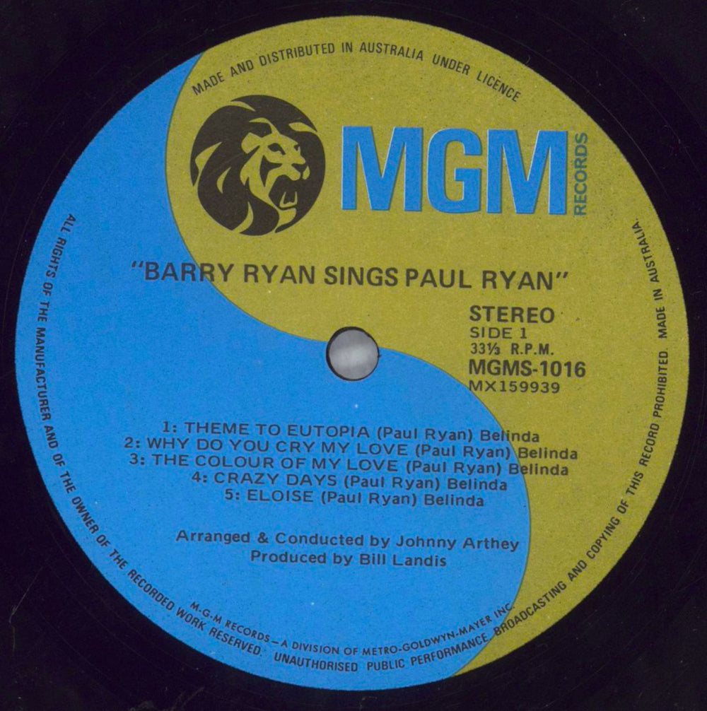 Barry Ryan Sings Paul Ryan Australian vinyl LP album (LP record) RYALPSI821997