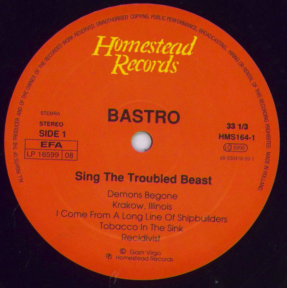 Bastro Sing The Troubled Beast Dutch vinyl LP album (LP record) E2ULPSI829370