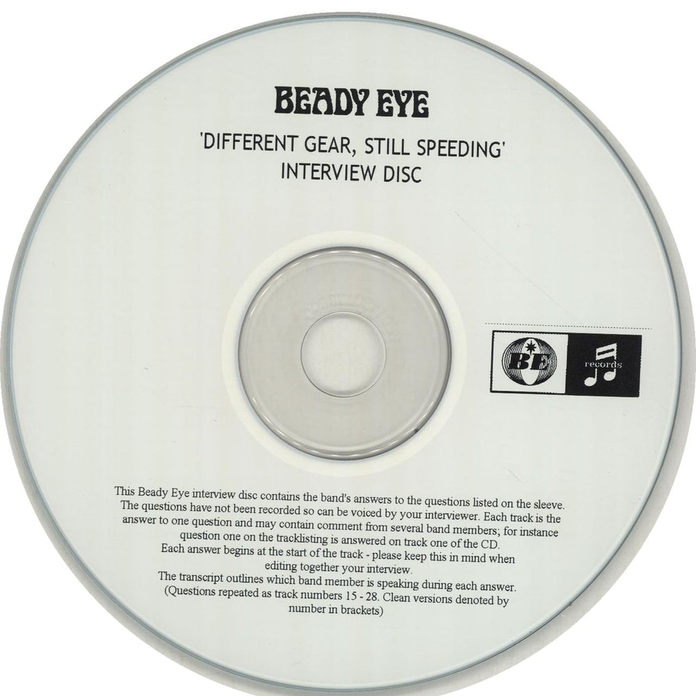 Beady Eye Different Gear, Still Speeding - Interview Disc UK Promo CD-R acetate