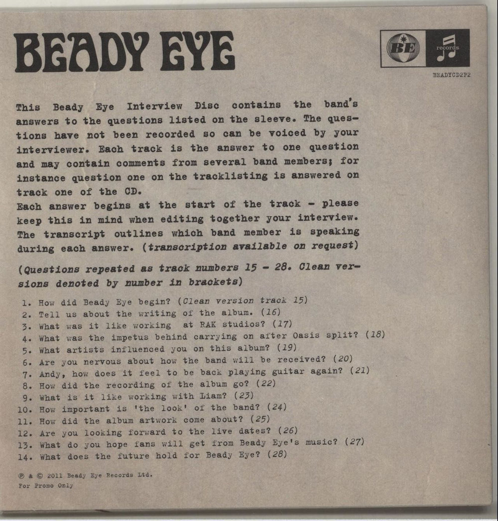 Beady Eye Different Gear, Still Speeding - Interview Disc UK Promo CD-R acetate B8ACRDI571695