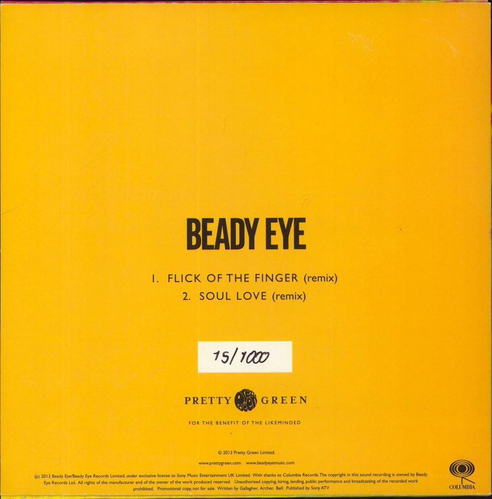 Beady Eye Flick Of The Finger - Numbered Sleeve - Low Number UK 7" vinyl single (7 inch record / 45)