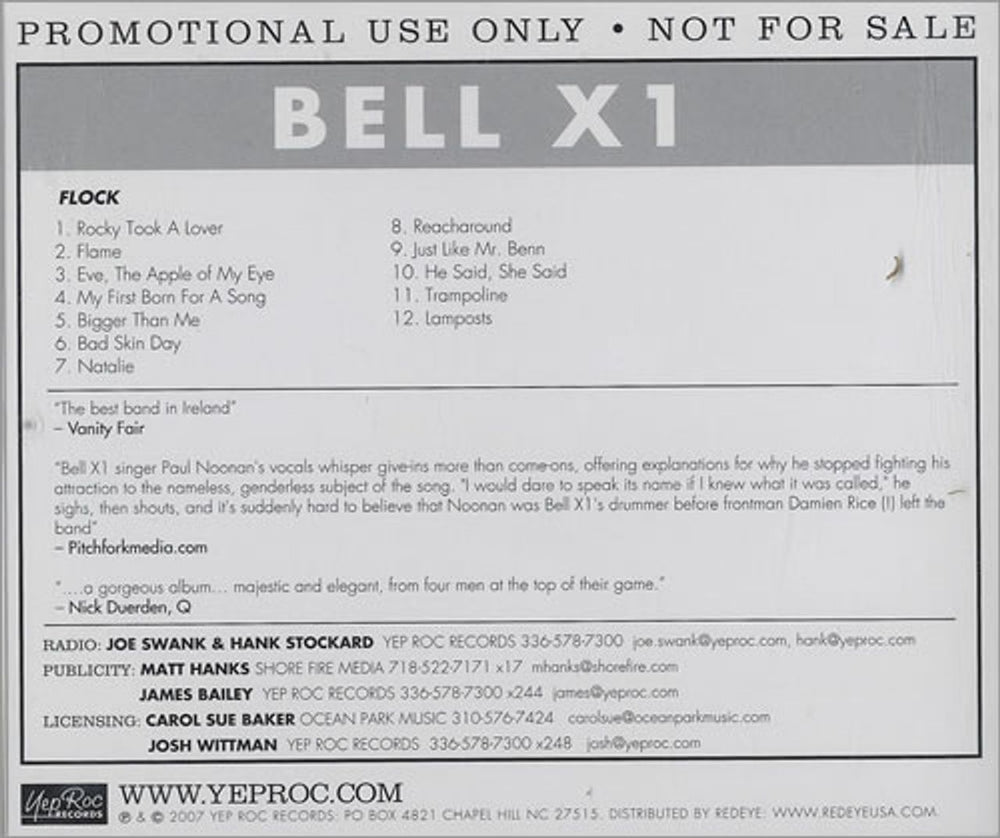 Bell X1 Flock US Promo CD album (CDLP) CD-YEP-2174