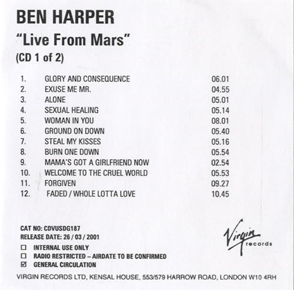 Ben Harper Live From Mars UK Promo CD-R acetate CDR ACETATE