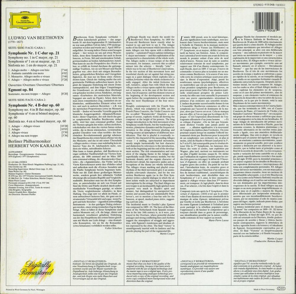 Berliner Philharmoniker Symphonien Nr. 1 & 4 / Ouvertüre Egmont German vinyl LP album (LP record) 028941904812