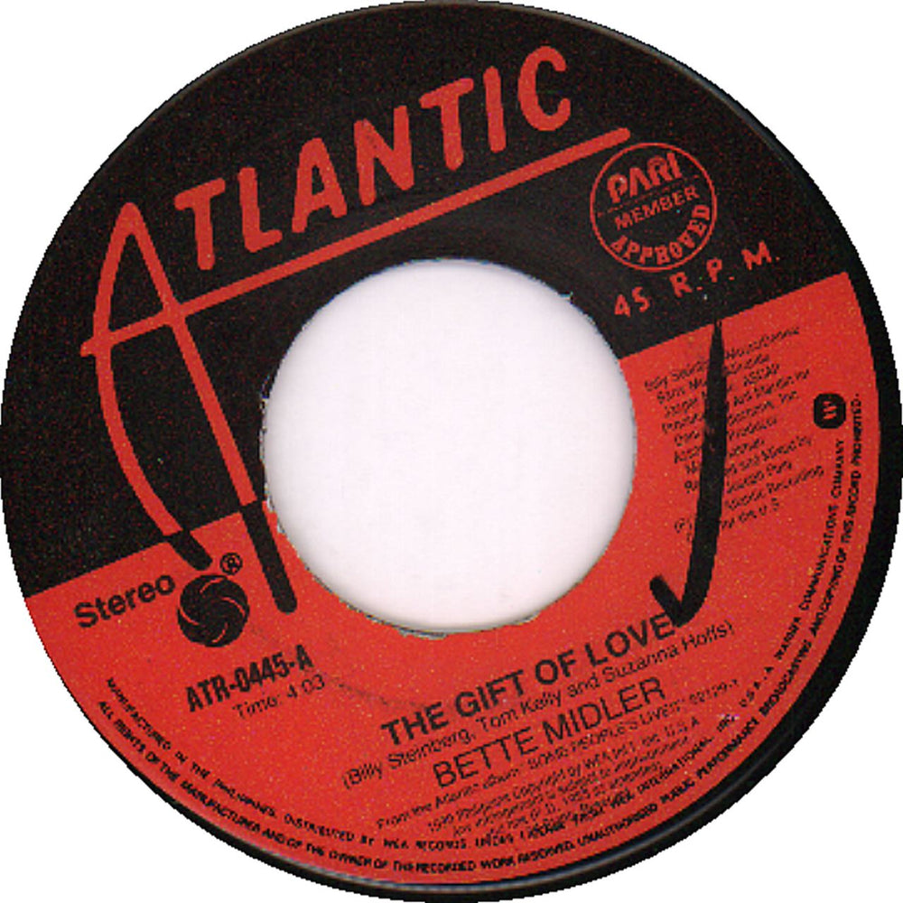 Bette Midler The Gift Of Love Philippino Promo 7" vinyl single (7 inch record / 45) ATR-0445