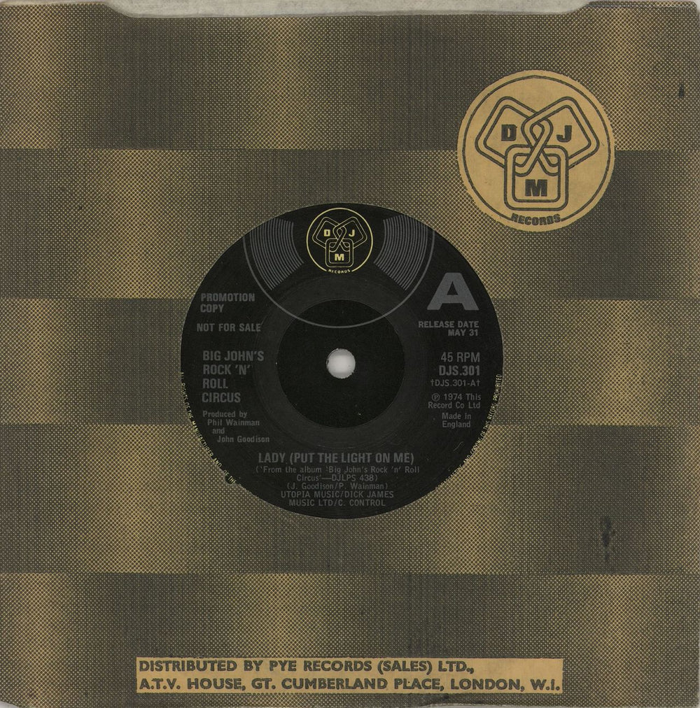 Big John's Rock 'n' Roll Circus Lady (Put The Light On Me) - A Label UK Promo 7" vinyl single (7 inch record / 45) DJS301