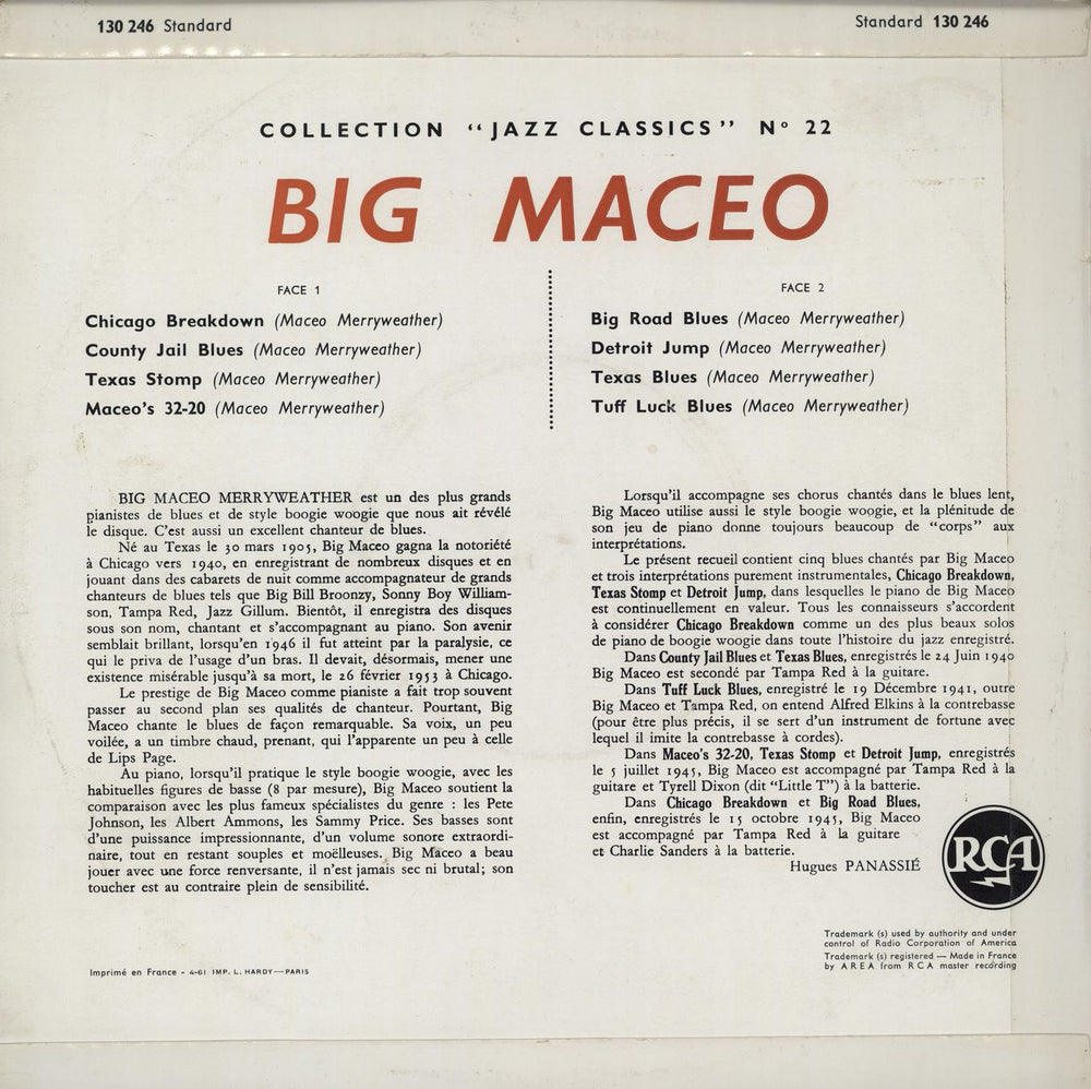 Big Maceo Jazz Classics No. 22 French 10" vinyl single (10 inch record)