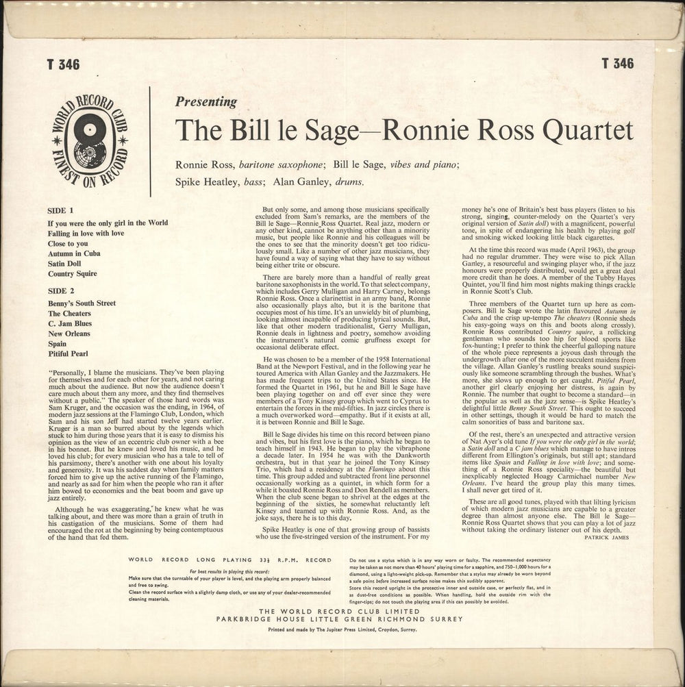 Bill Le Sage & Ronnie Ross The Bill Le Sage-Ronnie Ross Quartet - EX UK vinyl LP album (LP record)