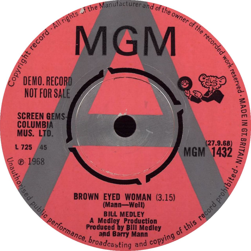 Bill Medley Brown Eyed Woman - A Label UK 7" vinyl single (7 inch record / 45) MGM1432