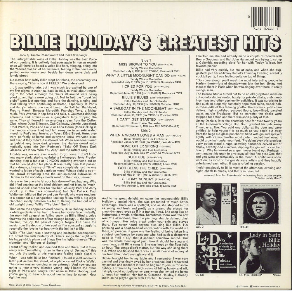 Billie Holiday Billie Holiday's Greatest Hits US vinyl LP album (LP record)