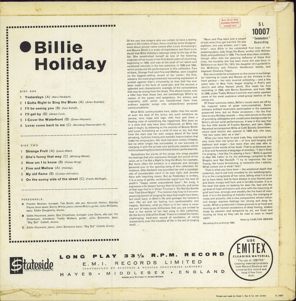 Billie Holiday Billie Holiday UK vinyl LP album (LP record)
