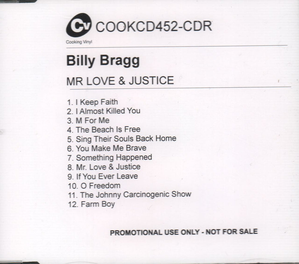 Billy Bragg Mr Love & Justice UK Promo CD-R acetate COOKCD452-CDR