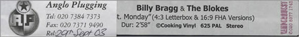 Billy Bragg St. Monday UK Promo video (VHS or PAL or NTSC) PROMO VIDEO