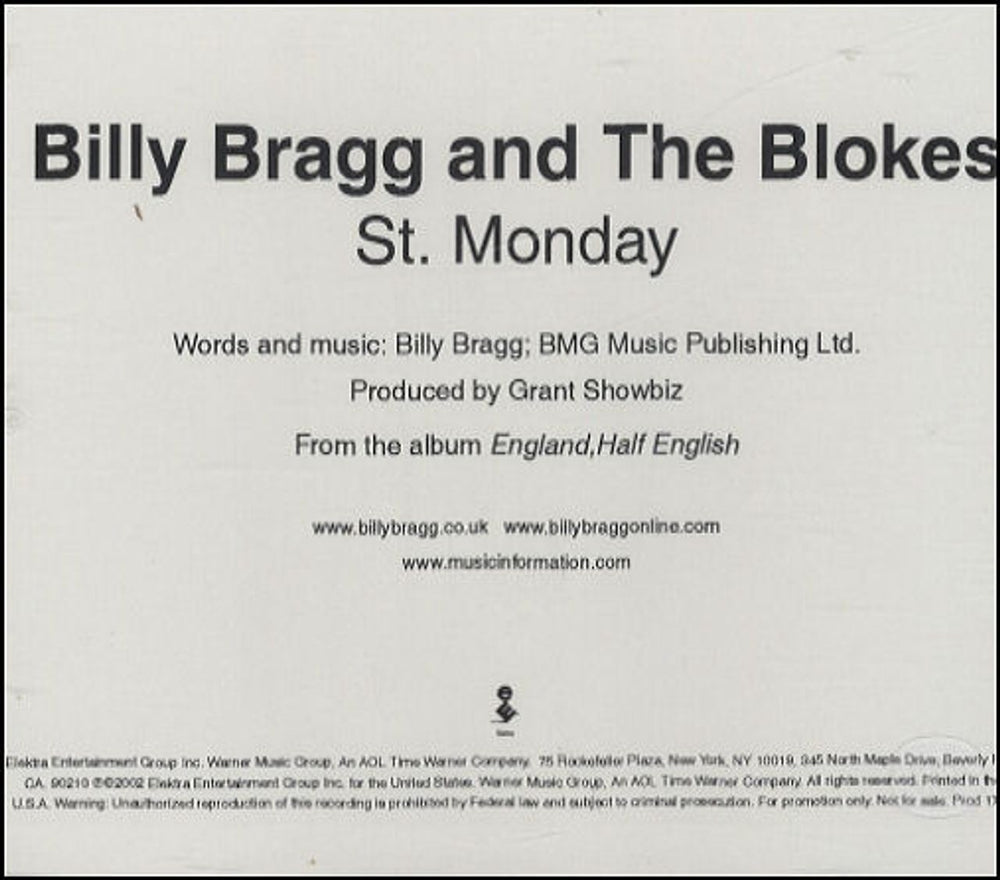 Billy Bragg St. Monday US Promo CD single (CD5 / 5") PRCD1778