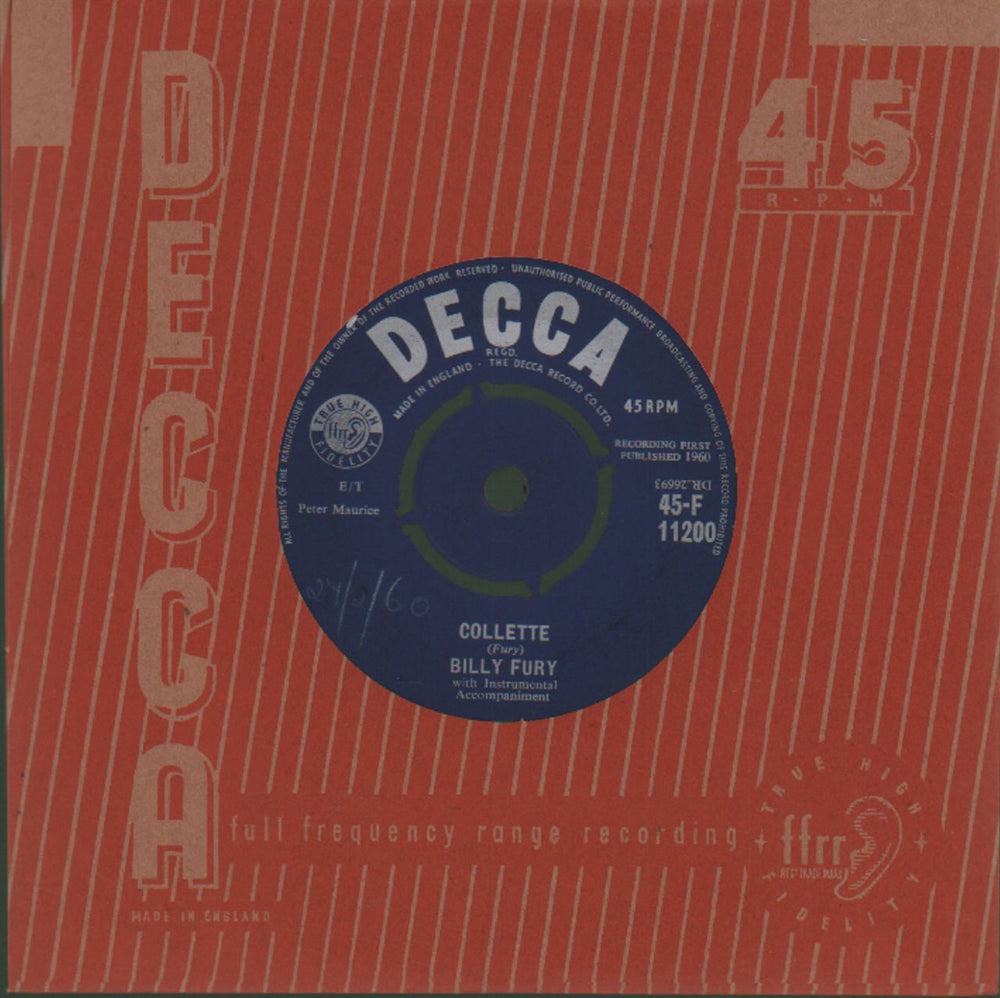 Billy Fury Collette - 2nd UK 7" vinyl single (7 inch record / 45) 45-F11200