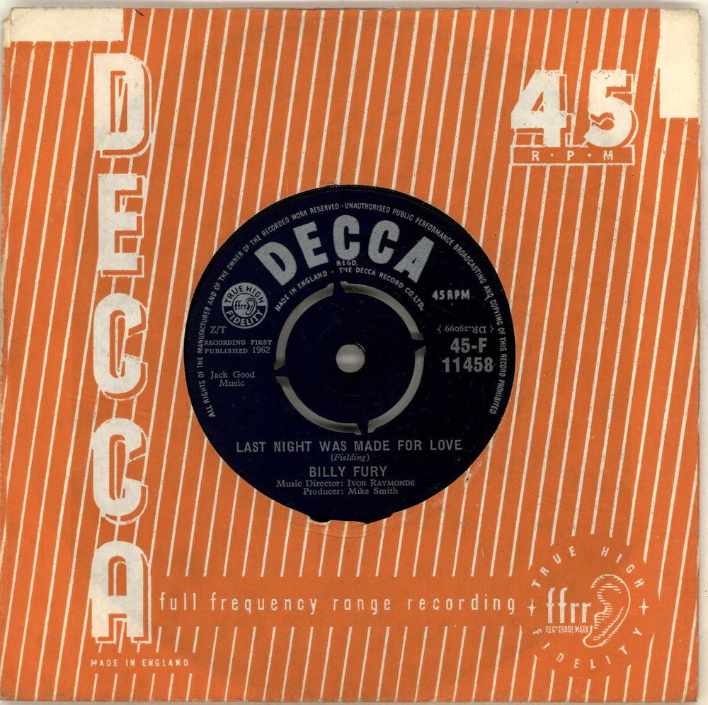 Billy Fury Last Night Was Made For Love UK 7" vinyl single (7 inch record / 45) 45-F11458