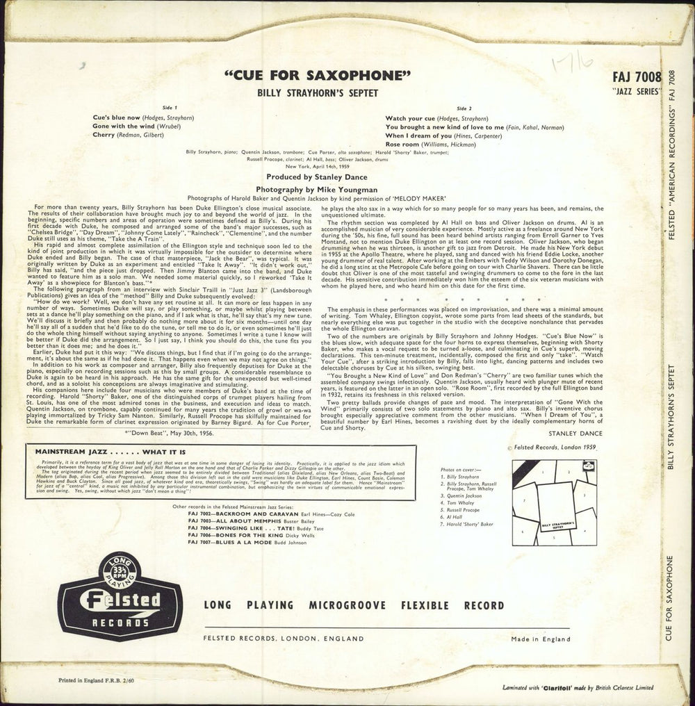Billy Strayhorn Cue For Saxophone UK vinyl LP album (LP record) BS8LPCU541250