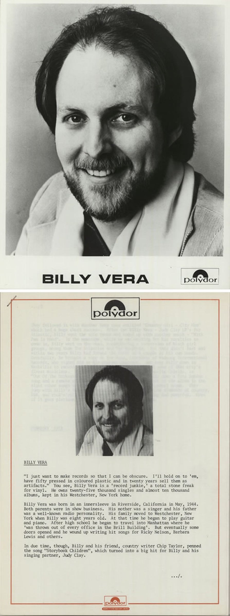 Billy Vera Private Clown + Press Kit US vinyl LP album (LP record) F-ZLPPR636826