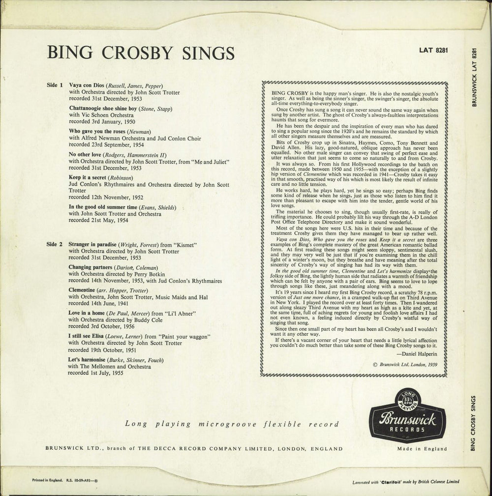 Bing Crosby Bing Crosby Sings UK vinyl LP album (LP record)