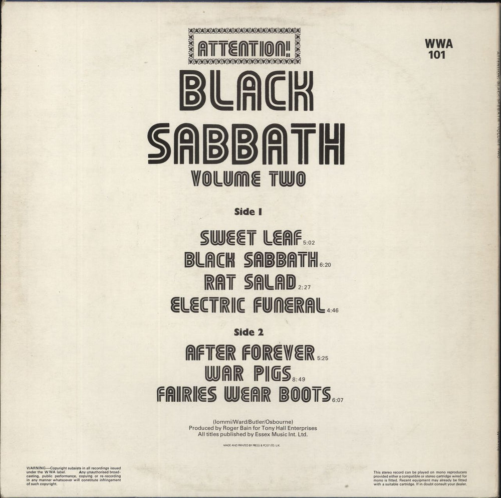 Black Sabbath Attention! Black Sabbath Volume Two UK vinyl LP album (LP record)