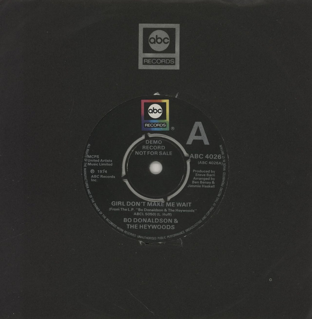 Bo Donaldson And The Heywoods Girl Don't Make Me Wait - A Label UK Promo 7" vinyl single (7 inch record / 45) ABC4026