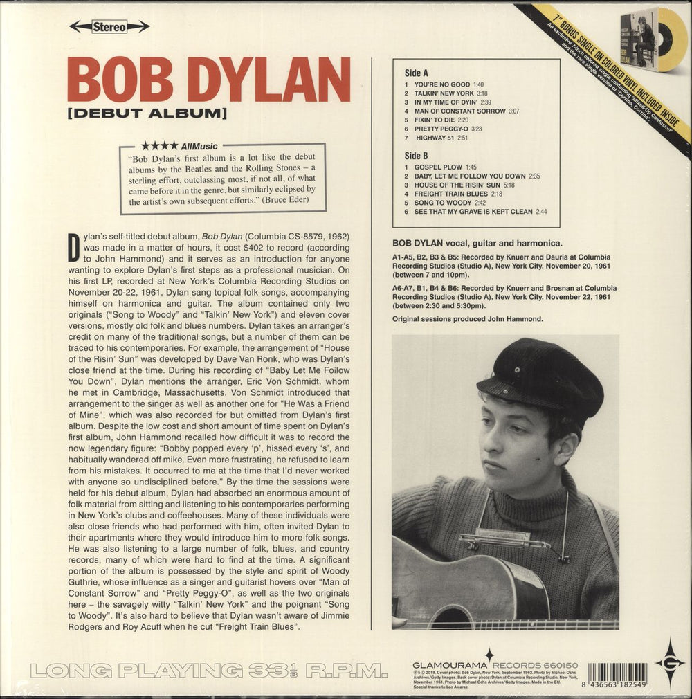 Bob Dylan Bob Dylan [Debut Album] + Bonus Yellow 7" + Shrink UK vinyl LP album (LP record) 8436563182549