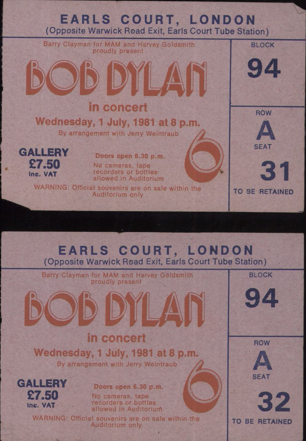 Bob Dylan European Concert Tour 1981 + Ticket stubs UK tour programme DYLTREU643217