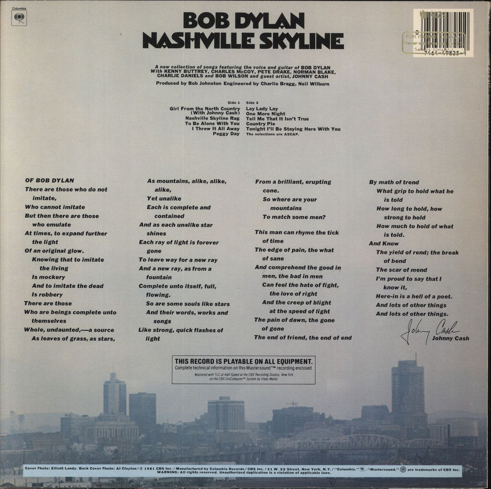 Bob Dylan Nashville Skyline - Mastersound - Promo Stamped US vinyl LP album (LP record)