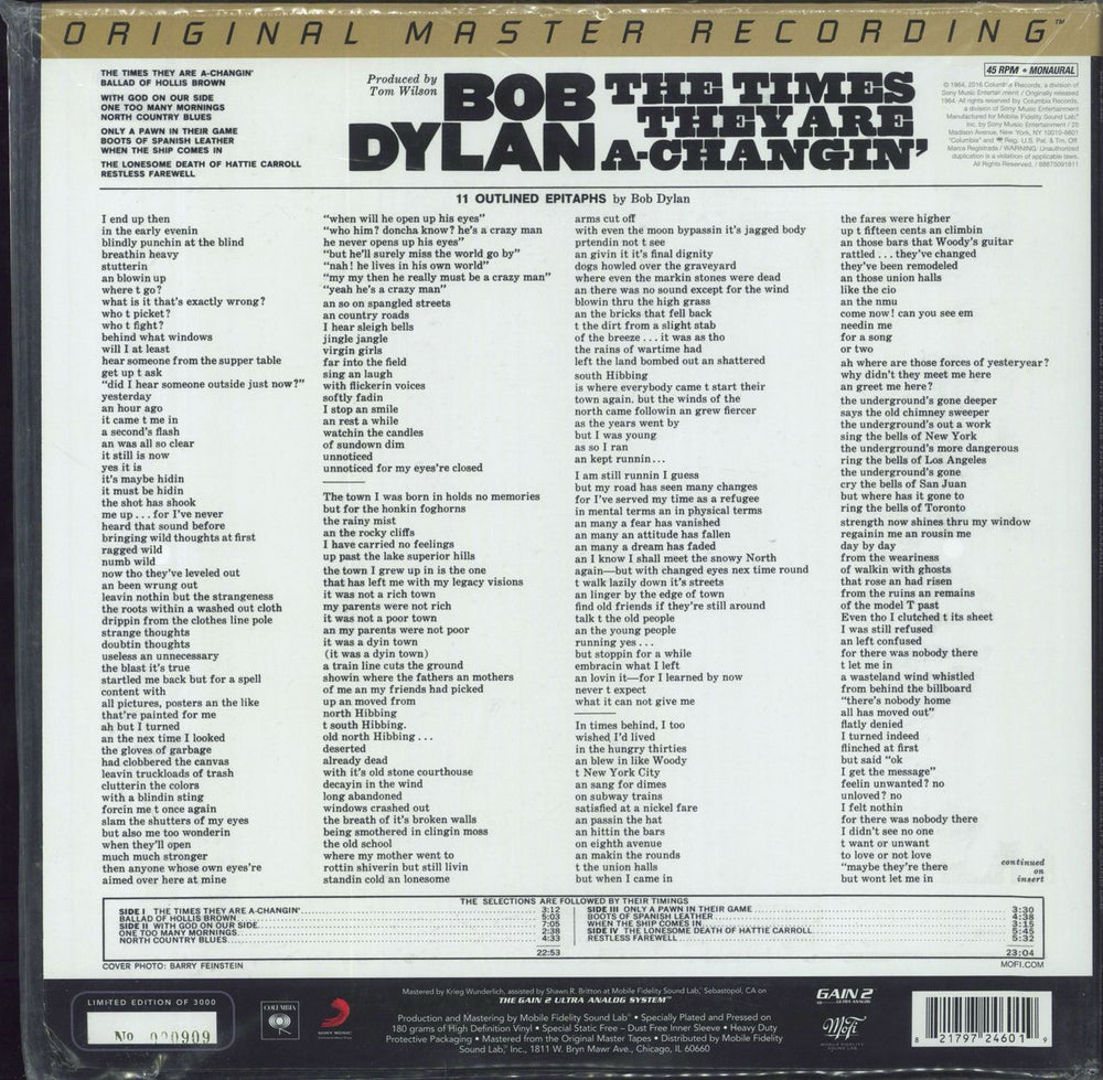 Bob Dylan The Times They Are A-Changin' - 180gm 45rpm - Sealed US 2-LP vinyl record set (Double LP Album) 821797246019