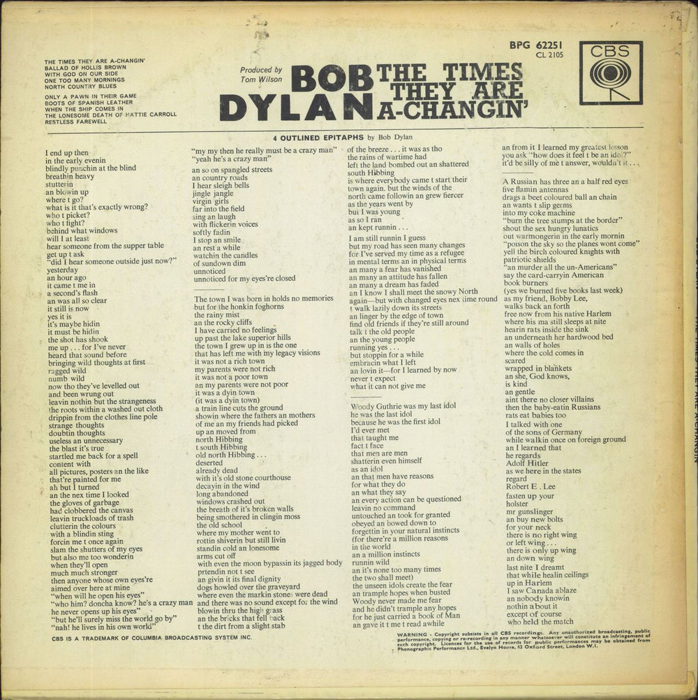 Bob Dylan The Times They Are A-Changin' - 1st Pasted - EX UK vinyl LP album (LP record)