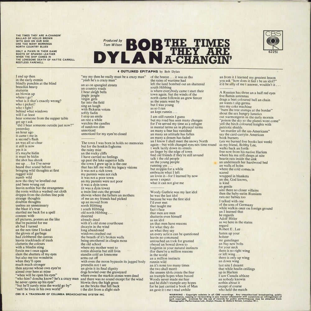 Bob Dylan The Times They Are A-Changin' - Early 70s - EX UK vinyl LP album (LP record)