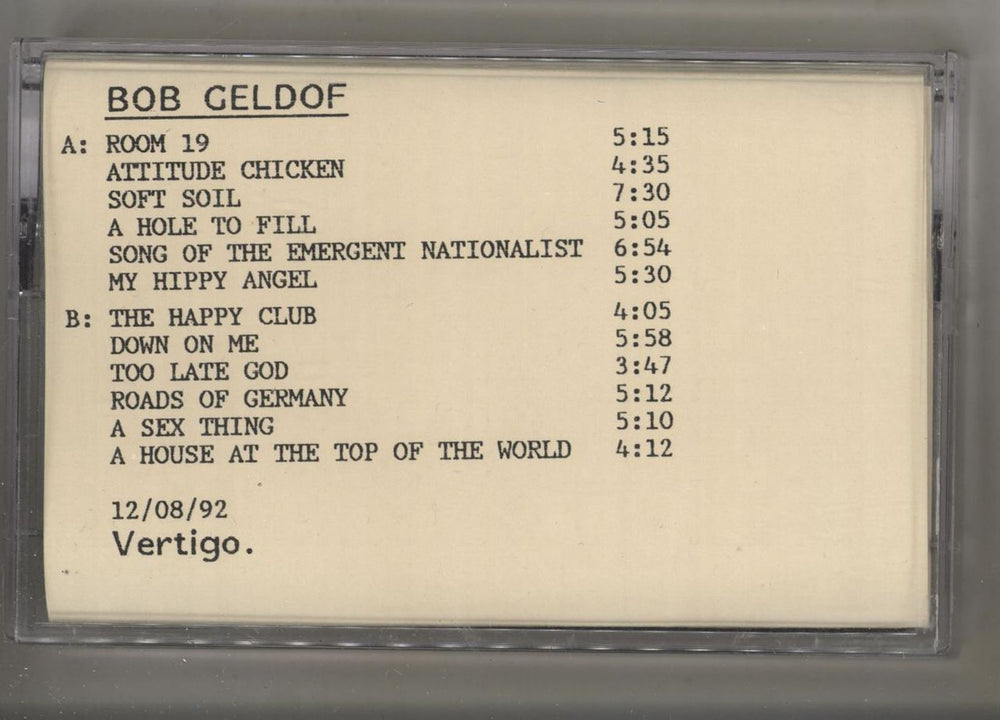 Bob Geldof The Happy Club UK Promo cassette album