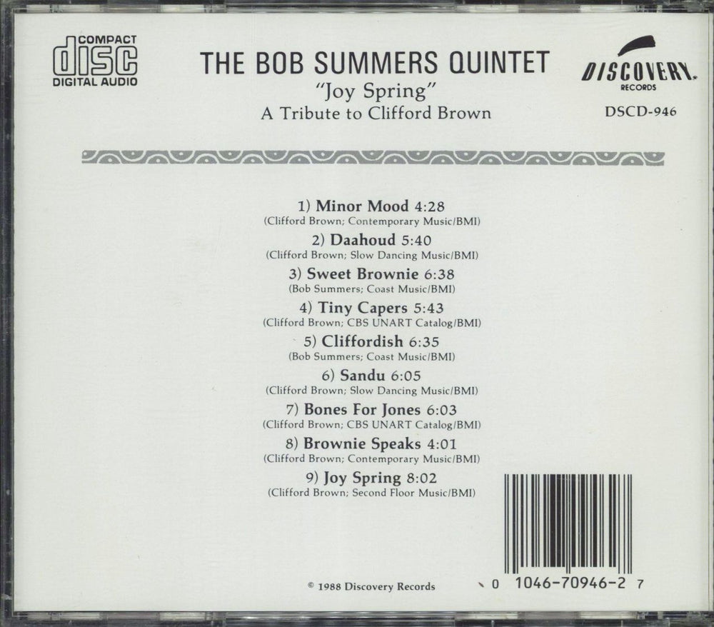 Bob Summers (Jazz) Joy Spring - A tribute To Clifford Brown US CD album (CDLP) 010467094627