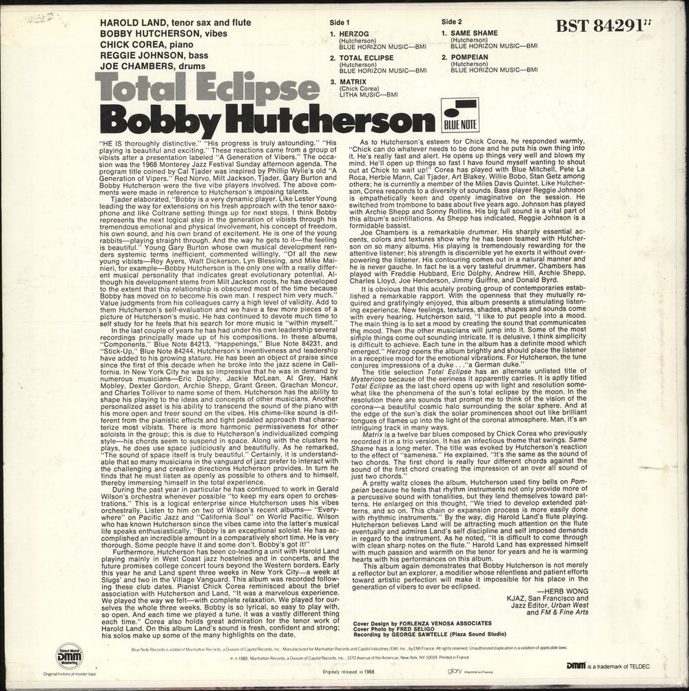 Bobby Hutcherson Total Eclipse French vinyl LP album (LP record) 077778429111