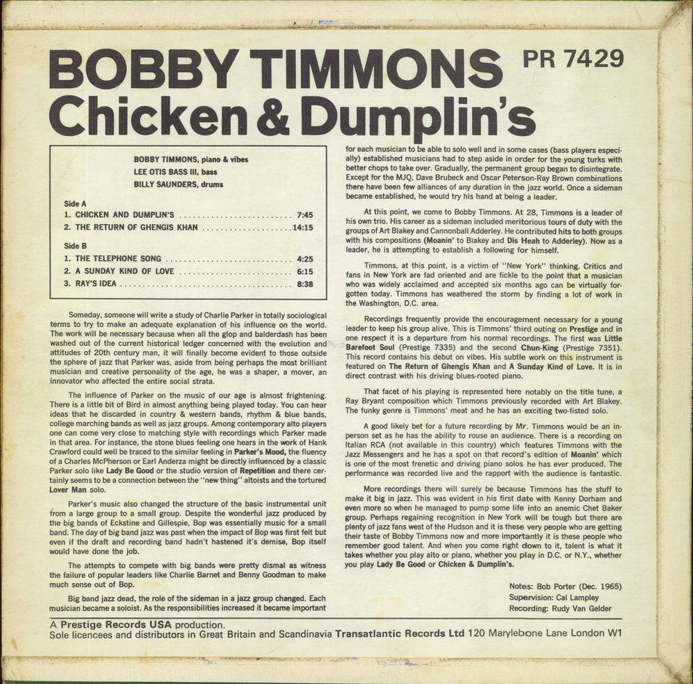 Bobby Timmons Chicken & Dumplin's UK vinyl LP album (LP record)