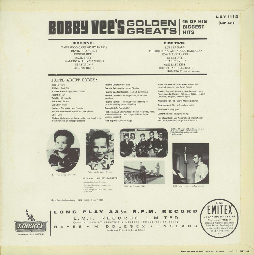 Bobby Vee Golden Greats UK vinyl LP album (LP record)