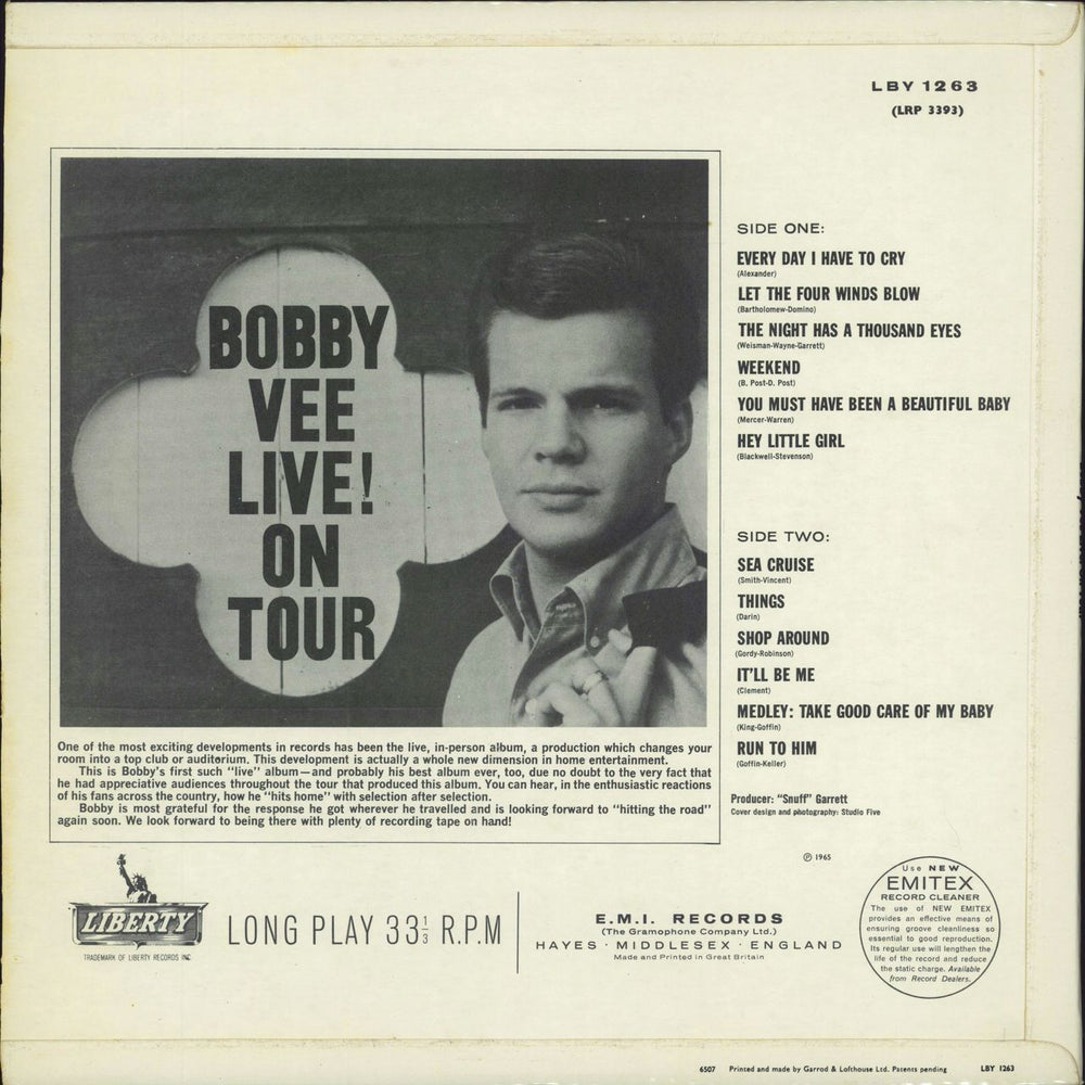 Bobby Vee Live On Tour UK vinyl LP album (LP record)