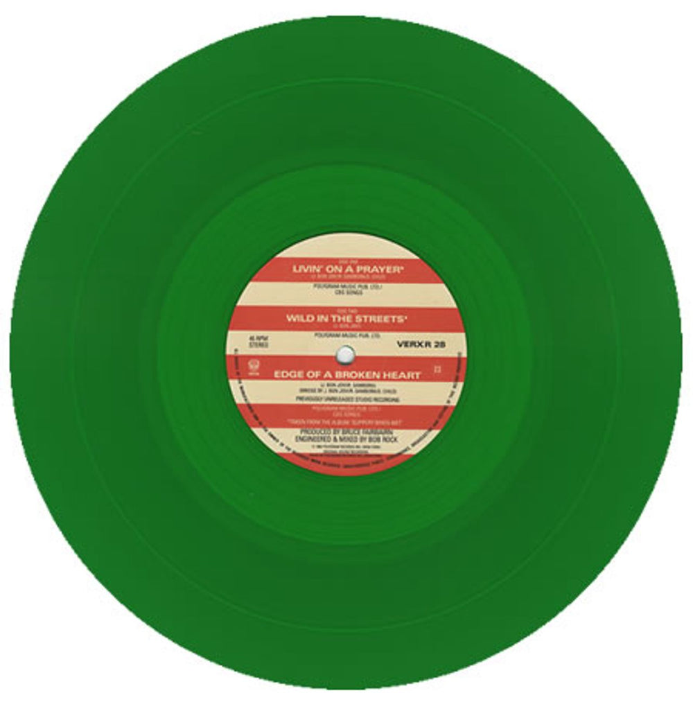 Bon Jovi Livin' On A Prayer - Green Vinyl UK 12" vinyl single (12 inch record / Maxi-single) BON12LI00506