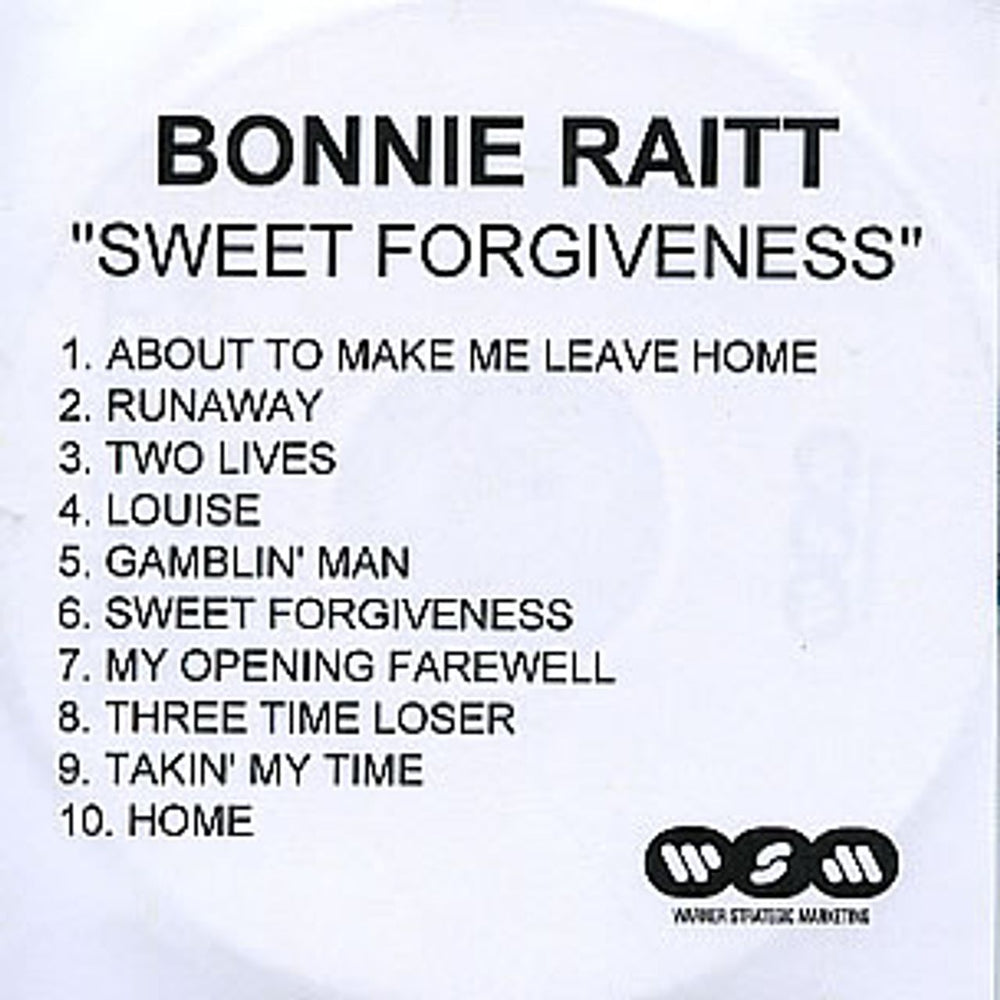 Bonnie Raitt Sweet Forgiveness UK Promo CD-R acetate CD-R ACETATE