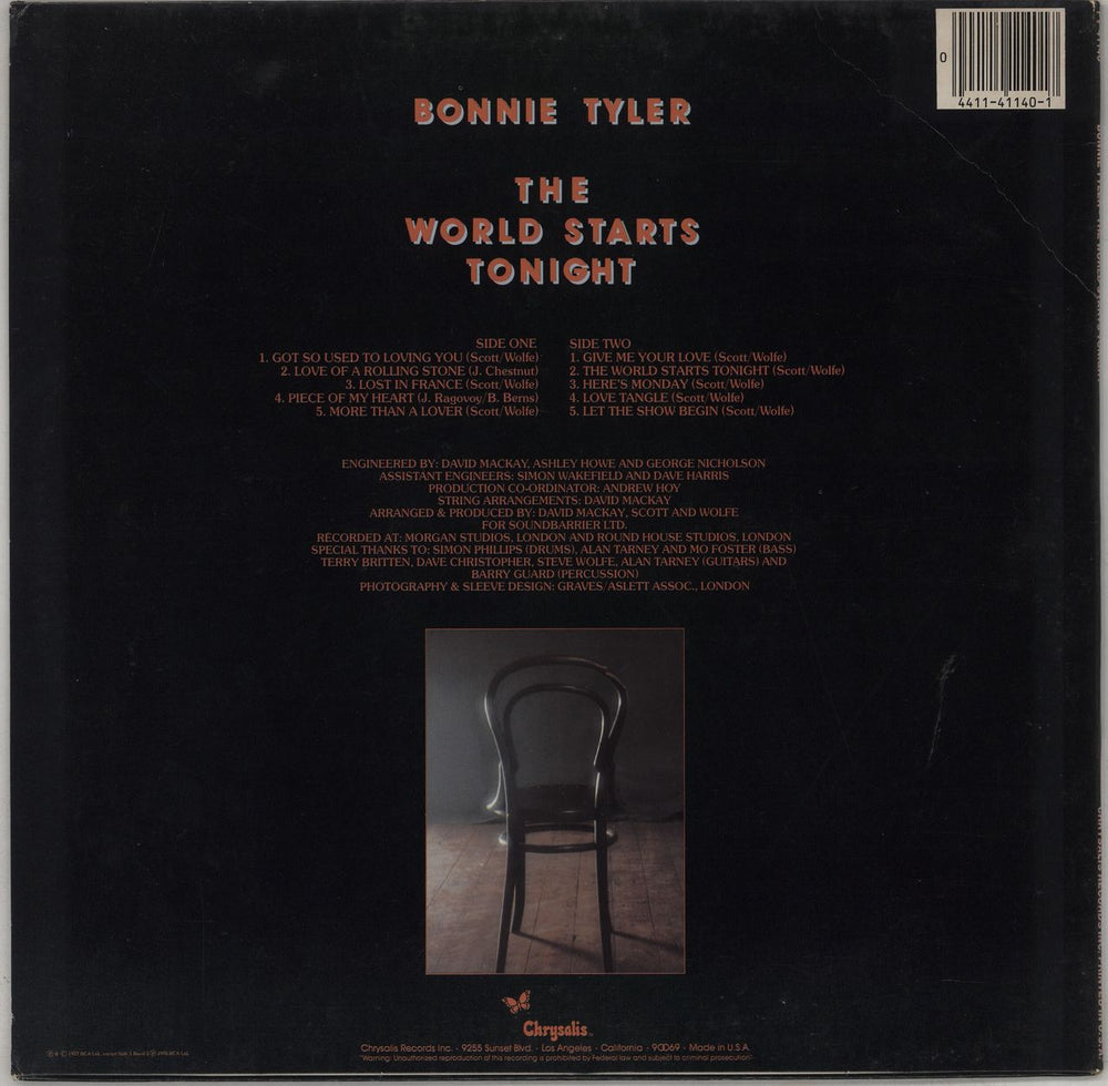 Bonnie Tyler The World Starts Tonight US vinyl LP album (LP record) 044114114017