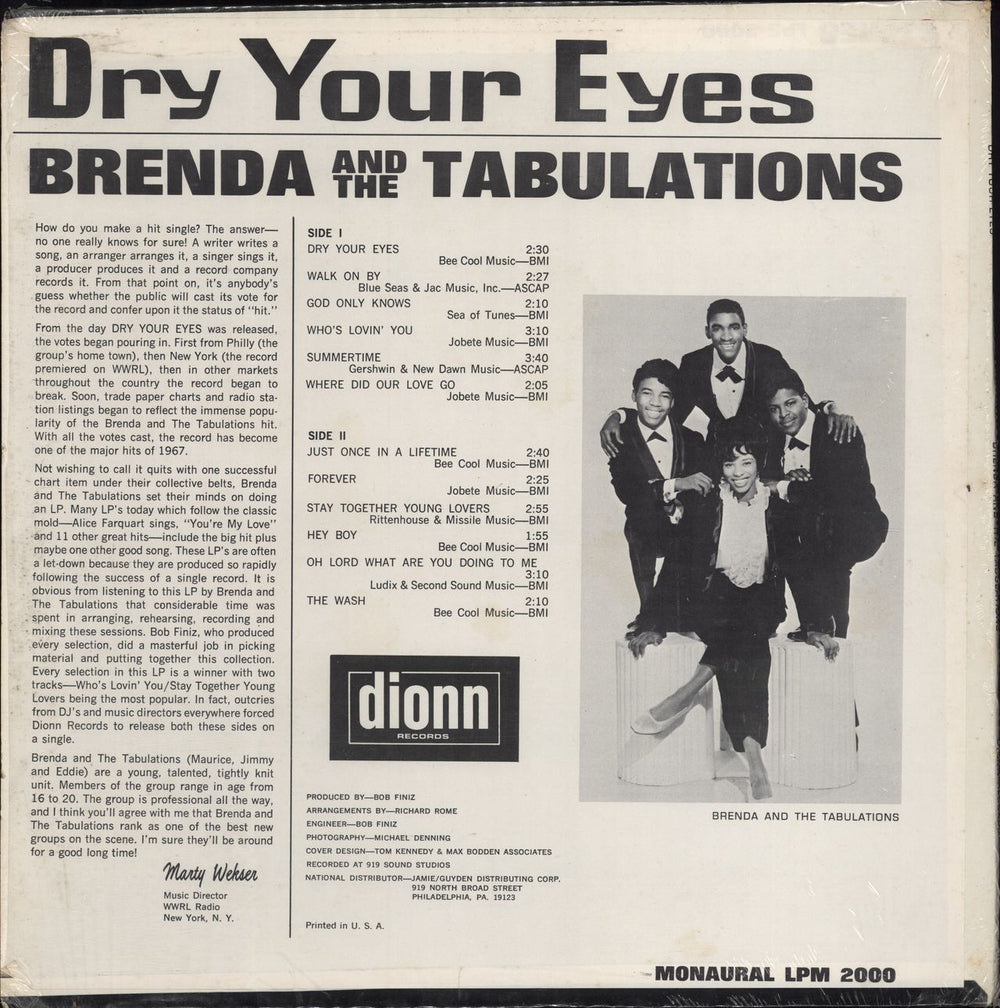 Brenda & The Tabulations Dry Your Eyes US vinyl LP album (LP record)