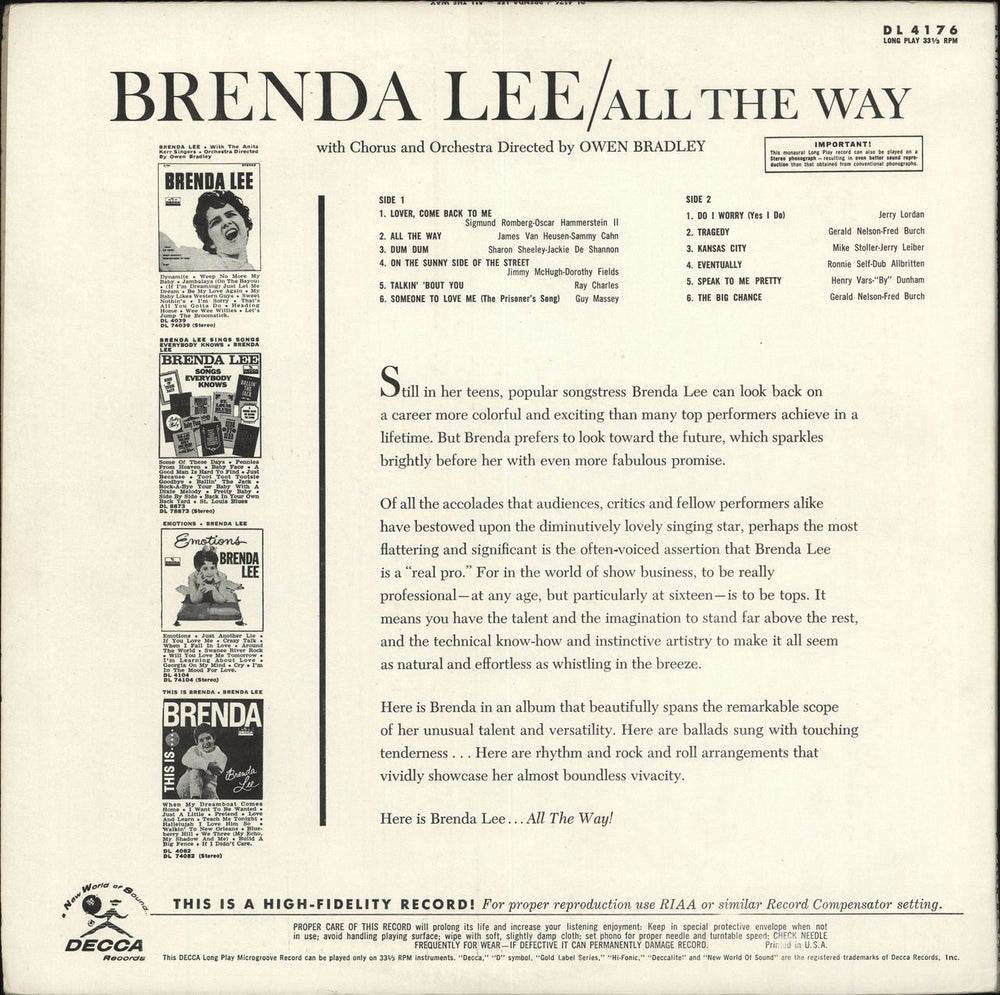 Brenda Lee All The Way US vinyl LP album (LP record)