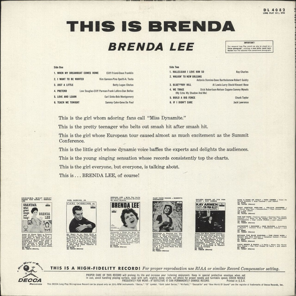 Brenda Lee This Is Brenda US vinyl LP album (LP record)