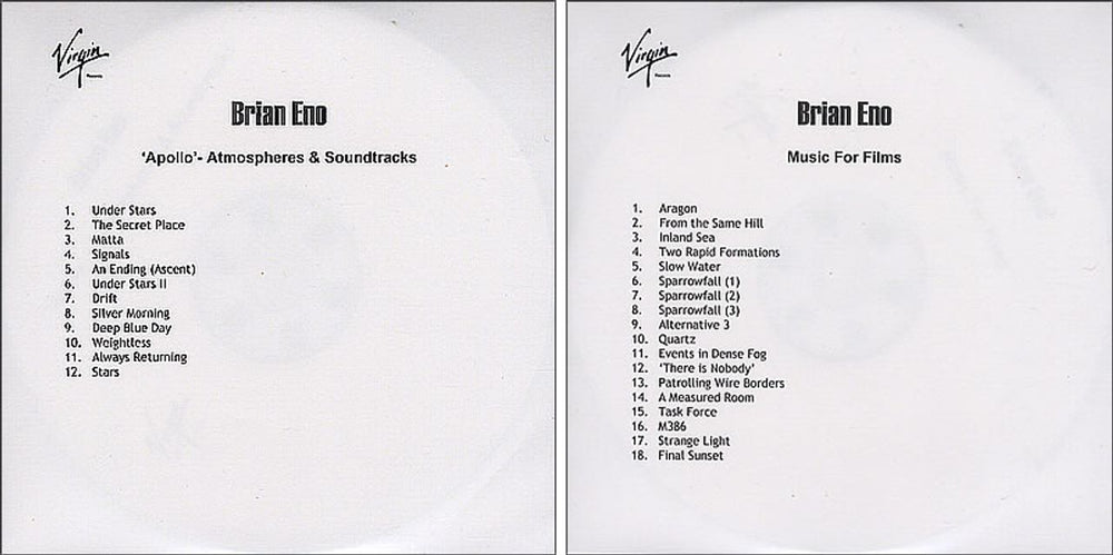 Brian Eno Set Of Four Remastered Albums From Soundtrack Works UK Promo CD-R acetate CD-R ACETATE