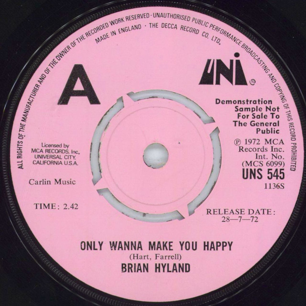 Brian Hyland Only Wanna Make You Happy UK Promo 7" vinyl single (7 inch record / 45) UNS545